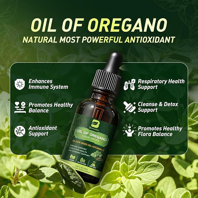 Oregano Oil Drops, Oil of Oregano with Black Seed Oil, Vitamin E, Oregano Supplement Herbal Blend for Immune & Antioxidant Support, Digestive, Overall Health | Vegan, Sugar-Free, Non-GMO, 1 Fl Oz