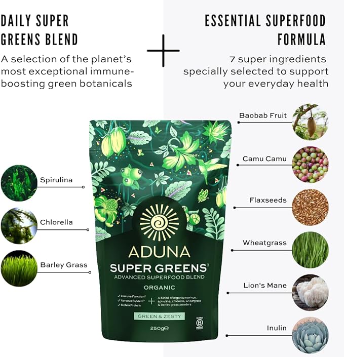 Aduna Advanced Superfood Super Greens Blend | 100% Organic Powder for Smoothies/Juices & Yoghurt | 250g Resealable and Recyclable Pack