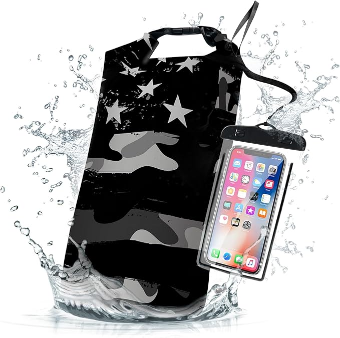 Waterproof Dry Bag,Roll Top Grey Camouflage American Flag Small Waterproof Backpack 5L/10L/20L Floating Lightweight Bags for Kayaking, Boating, Fishing, Swimming Camping with Waterproof Phone Case