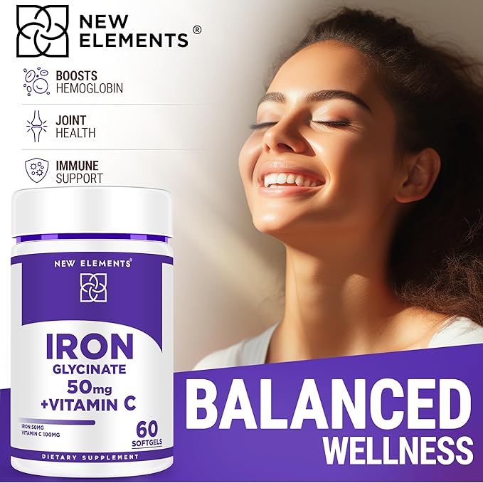 Iron Glycinate 50mg with Vitamin C | Advanced Iron Supplement for Anemia Relief, Immune Boost & Energy Support | Gentle on Stomach, Fast Absorption | Non-GMO, Gluten-Free Softgels for Women & Men