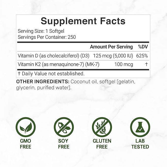 DEAL SUPPLEMENT Sunshine Vitamin D – Vitamin D3 5,000 IU with K2 MK7 100mcg – Infused with Virgin Coconut Oil – Support Healthy Bones, Teeth, and Immune System – Easy to Swallow