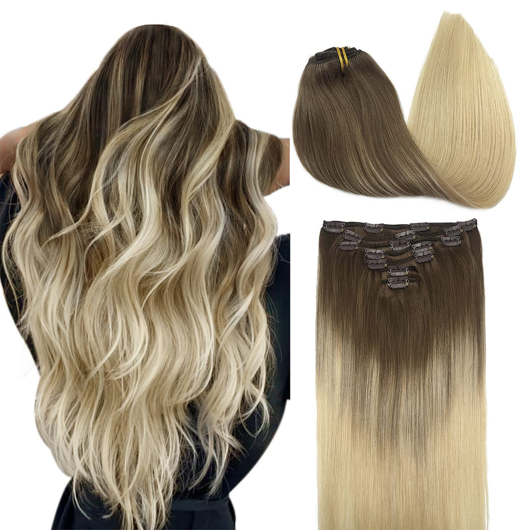 Doores Ash Brown To Platinum Blonde 18 Inch 7Pcs 120G Remy Clip In Human Hair Real Hair Extensions Natural Straight