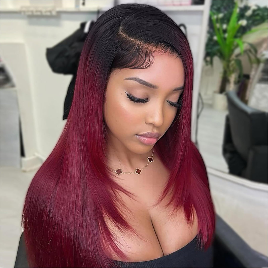 Hiriremy 16 Inch Ombre 1B/99J Burgundy Lace Front Wigs Human Hair Bob 13X4 Hd Glueless Short Straight Frontal Bob Wigs For Black