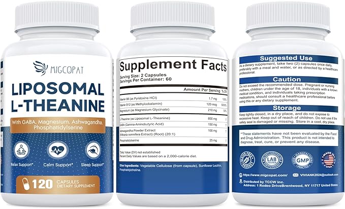 Liposomal L-Theanine 800mg with GABA, Magnesium, Ashwagandha, Phosphatidylserine, Vitamin B6 & B12 - Calm, Sleep, Relaxation & Mood Support for Women & Men, Vegan - 120 Capsules