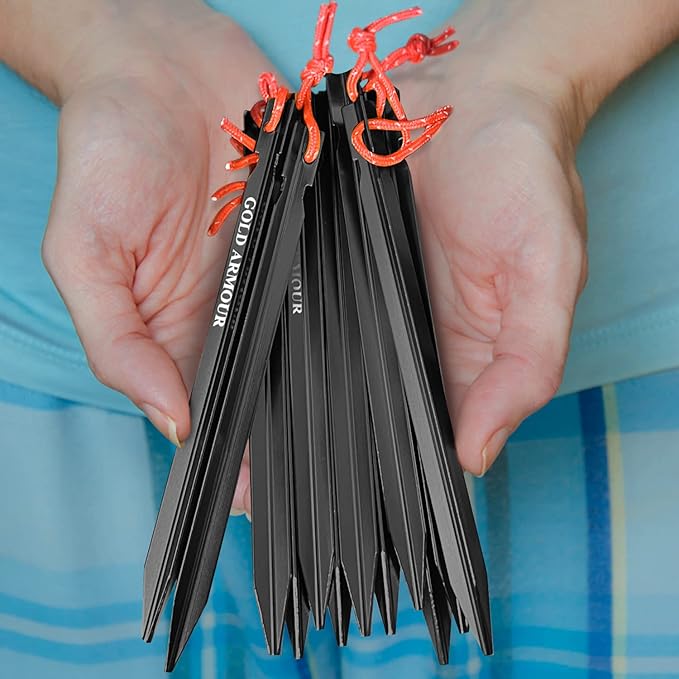 Gold Armour Tent Stakes - 12 Pack Heavy Duty, Lightweight, Camping Stakes Pegs for Outdoor Tent and Tarp, Essential Camping Gear Equipment Accessories (Black)