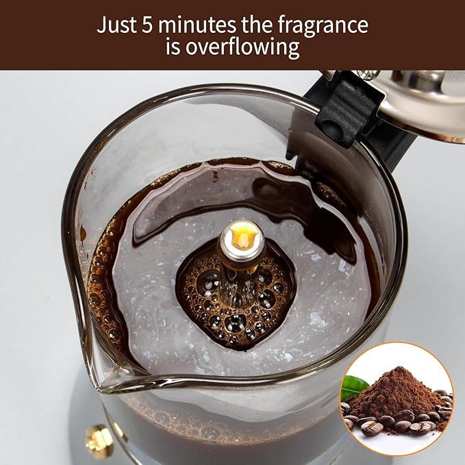 Stovetop Espresso Maker, 6Cup 240ml Classic Moka Pot, Crystal Glass-top & Stainless Steel Coffee Maker Mocha Pot, Greca De Cafe, Cuban and Italian Coffee Maker for Cafetera Cubana