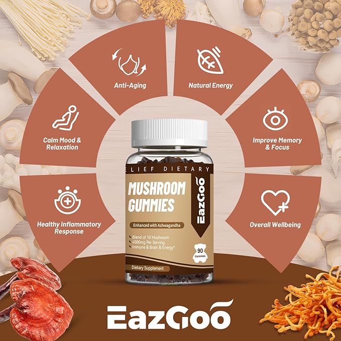 Mushroom Gummies Supplement - with Ashwagandha, Lions Mane, Shitake Mushrooms, Turkey Tail, Chaga, and Cordyceps Mushroom for Immune Health, Mood & Stress Support (180 Gummies)