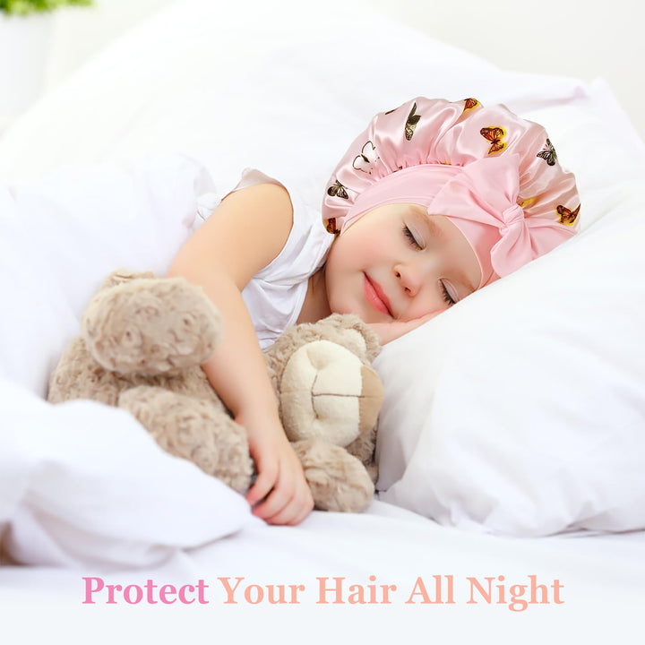choshion 2 PCS Kids Bonnets for Girls, Silk Bonnet for Kids, Satin Silk Hair Bonnet for Sleeping with Tie Band, Baby Toddler Teens Child Sleep Cap for Curly Hair Braids