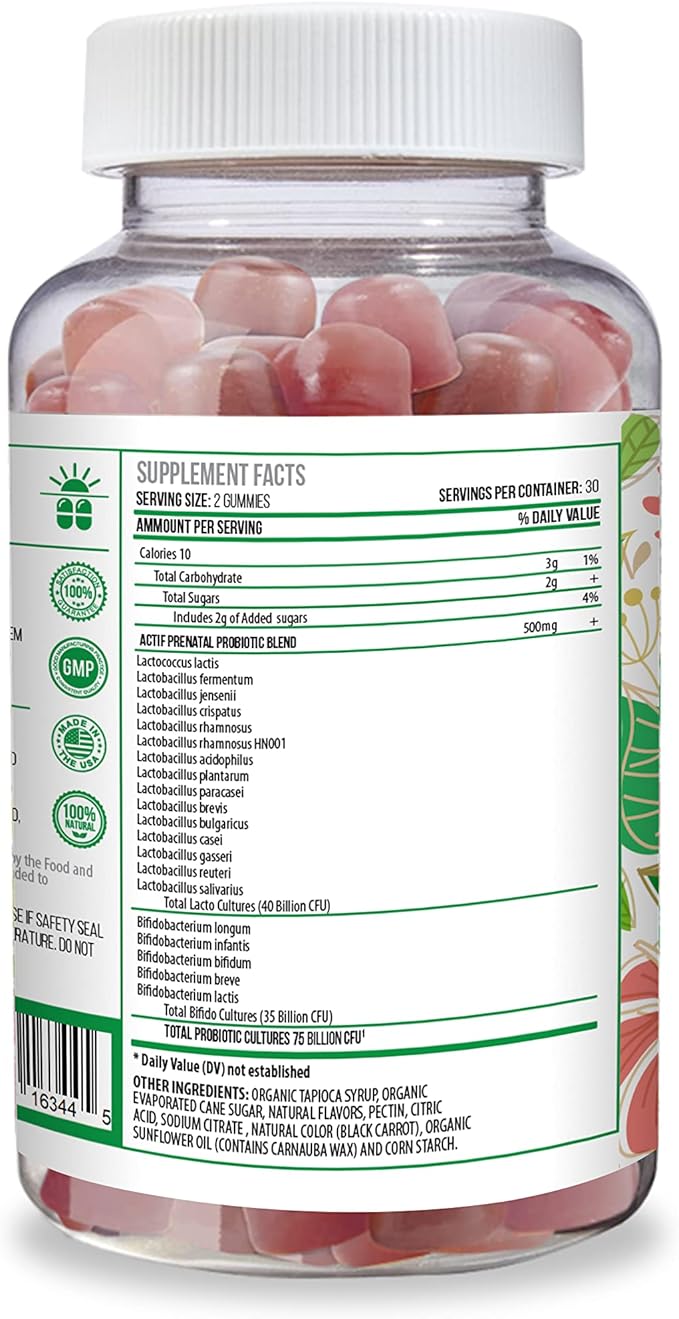 ACTIF Prenatal Probiotic Maximum Strength with 75 Billion CFU and 20 Strains, Immunity and Gut Support, Zero Nausea Formula - Made in The USA, 60 Gummies, Strawberry Flavor