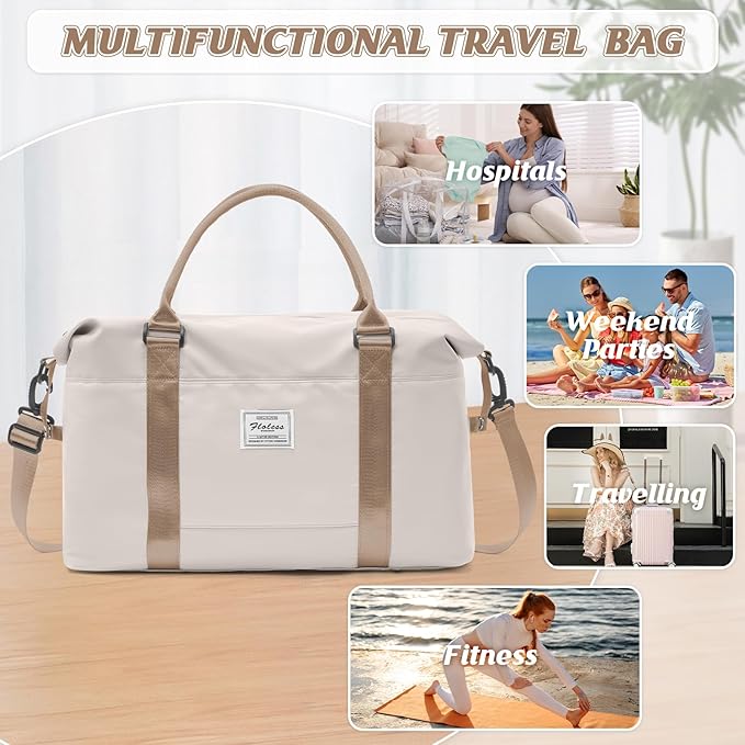 Sports Duffel Bags for Women Beige Weekender Travel Totes Bag for Airplane, Cute Sports Gym Dance Overnight Luggage Bag with Wet Pocket, Carry On Hospital Bag for Labor and Delivery