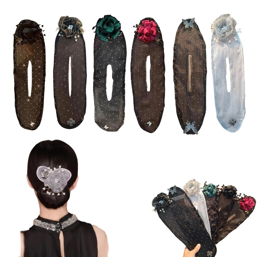 Easy Snap Roll Hair Clips, Butterfly Hair Bun Maker Set with Embroidered Flowers (6Pcs)