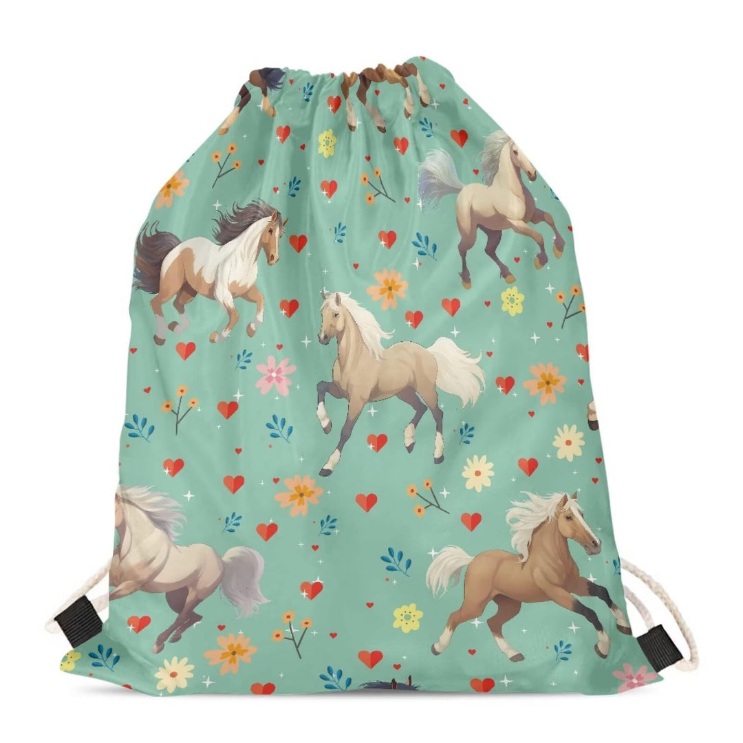 COEQINE Horse Drawstring Gym Bag for 8-12 Kids Girls Boys, Large Capacity Novelty Horse Green Floral Print School Backpack for Childern