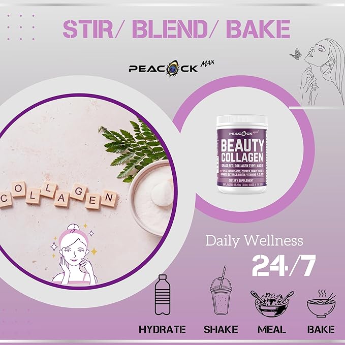 Beauty Collagen Peptides Grape Seed Extract Biotin Pasture Raised Bovine Bamboo Extract Vitamin A C D3 E Copper (24.54 oz (Pack of 2))