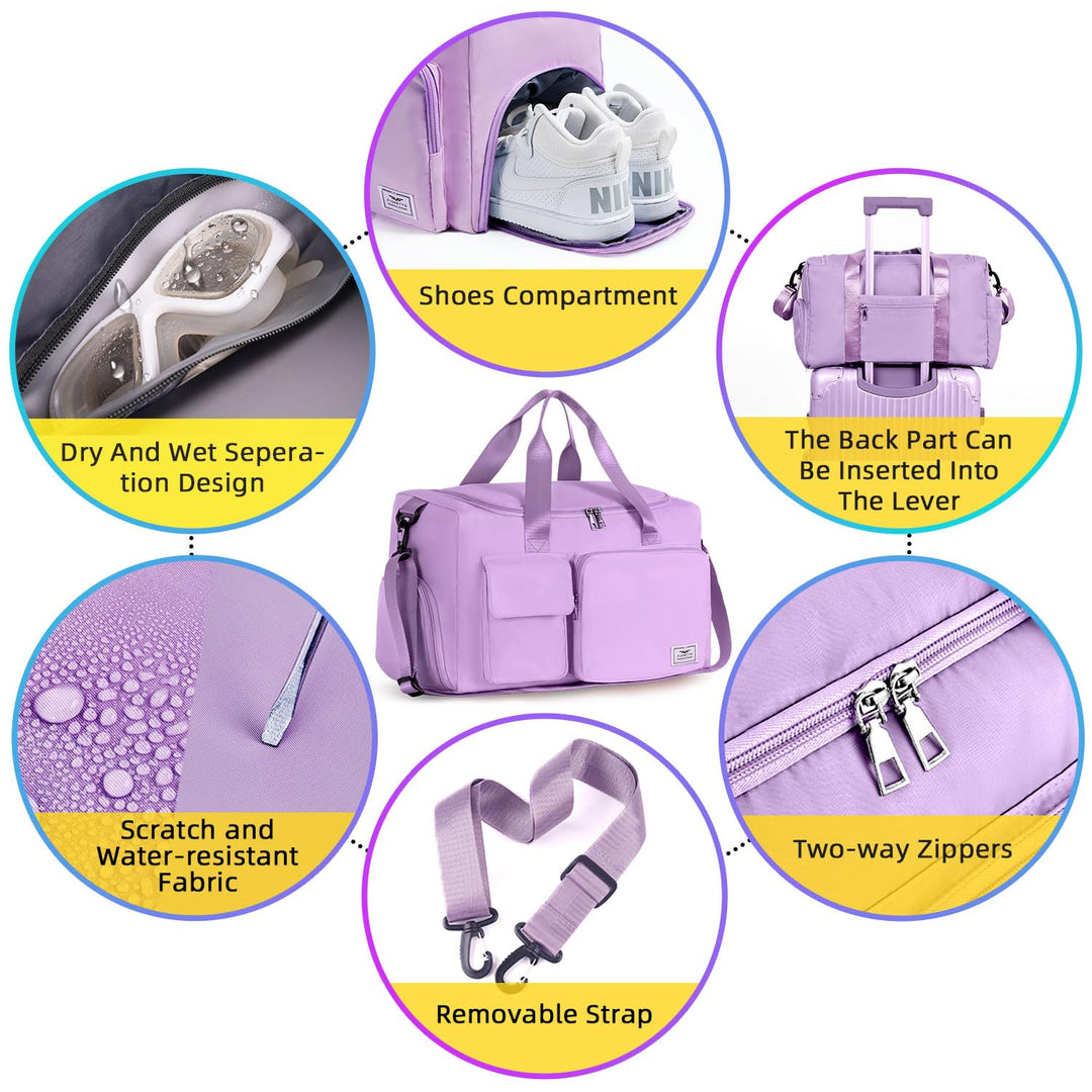 FIORETTO Women's Water-Resistant Gym Duffle Bag with Shoes Compartment, 37L Capacity, Multi-Functional, Ideal for Travel, Gym, Sports, Weekender, Purple