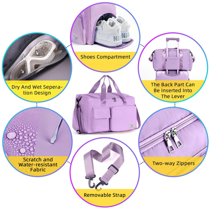 FIORETTO Women's Water-Resistant Gym Duffle Bag with Shoes Compartment, 37L Capacity, Multi-Functional, Ideal for Travel, Gym, Sports, Weekender, Purple