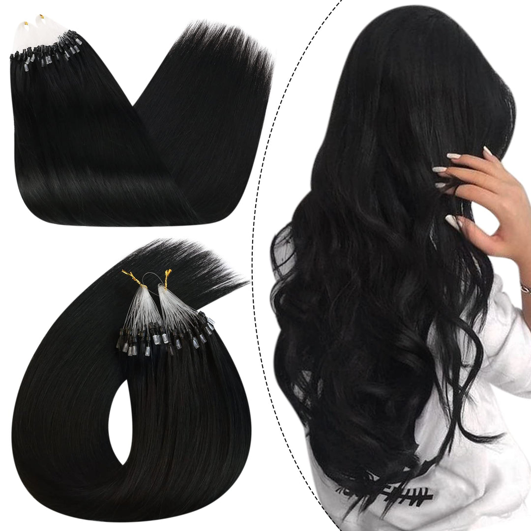 Ugeat Microlink Hair Extensions Black Hair Extensions Real Human Hair Micro Loop Human Hair Extensions Jet Black Microbead Exten