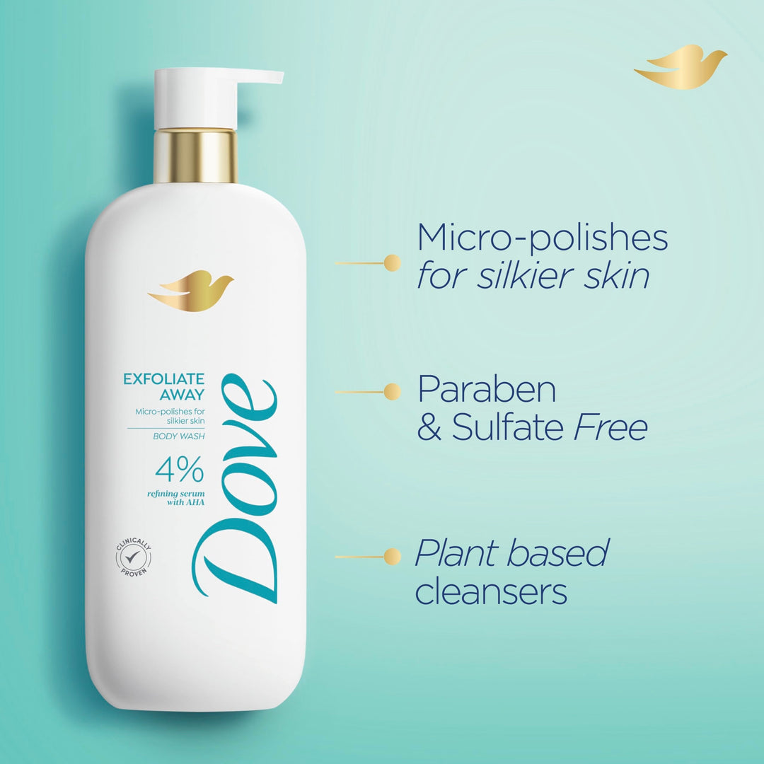 Dove Body Wash Exfoliate Away Micro-polishes for silkier skin 4% refining serum with AHA 18.5 oz