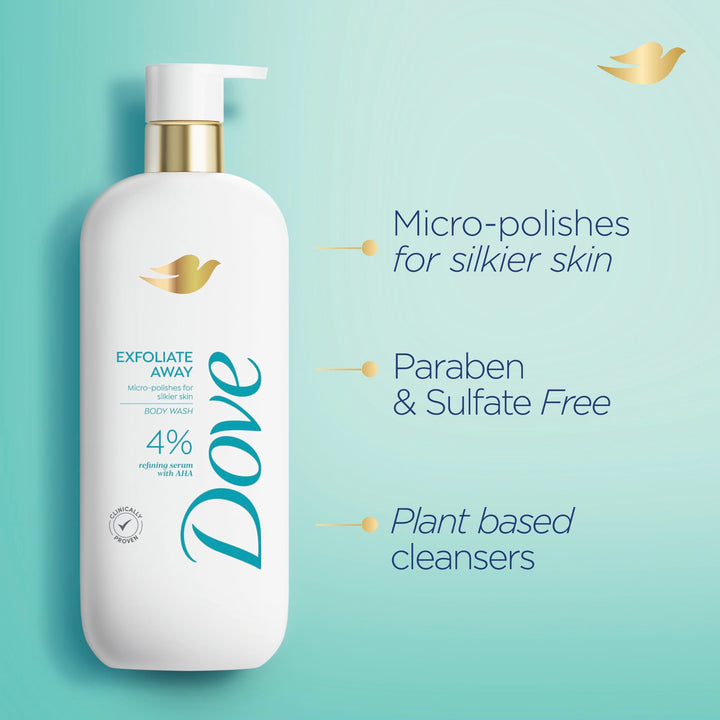 Dove Body Wash Exfoliate Away Micro-polishes for silkier skin 4% refining serum with AHA 18.5 oz