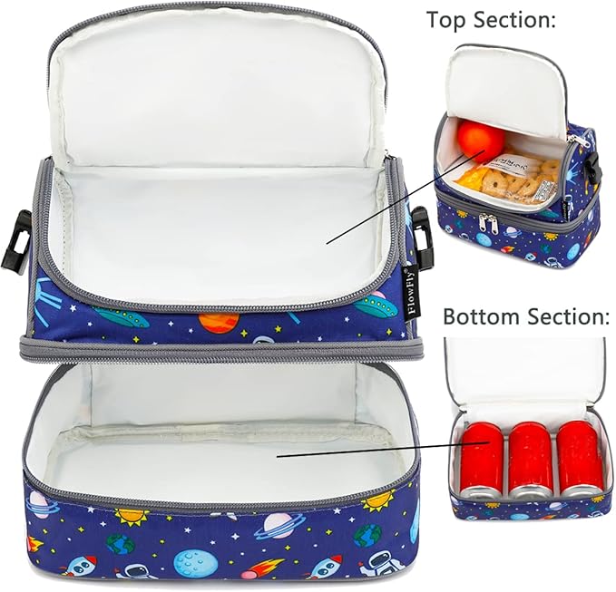 FlowFly Kids Double Decker Cooler Insulated Lunch Bag Large Tote for Boys, Girls, Men, Women, With Adjustable Strap, Astronaut