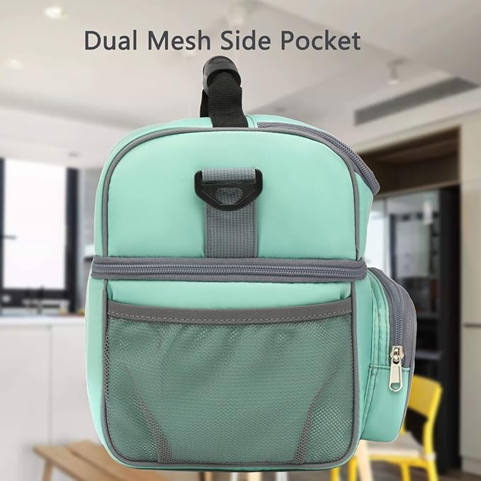 FlowFly Double Layer Cooler Insulated Lunch Bag Adult Lunch Box Large Tote Bag for Men, Women, With Adjustable Strap,Front Pocket and Dual Large Mesh Side Pockets