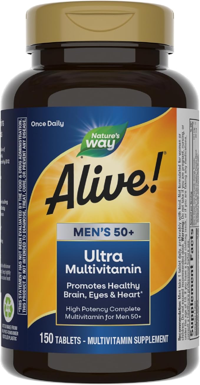 Nature's Way Alive! Men’s 50+ Daily Ultra Multivitamin, High Potency Formula, Supports Healthy Brain, Eyes & Heart*, with Methylated B12, Gluten-Free, 150 Tablets