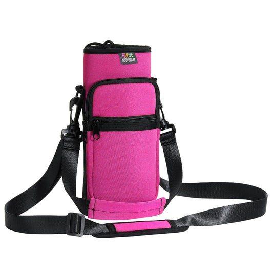 Nuovoware Water Bottle Carrier Bag, 25oz/32oz Bottle Pouch Holder, Adjustable Shoulder Hand Strap 2 Pocket Sling Neoprene Sleeve Sports Water Bottle Bag for Men Women Kids Hiking Travelling, Magenta