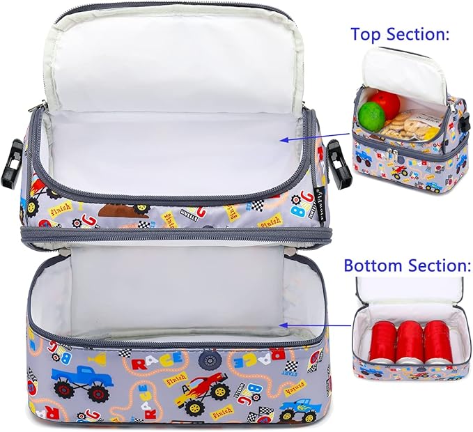 FlowFly Double Decker Cooler Insulated Lunch Bag Large Tote for Boys, Girls, Men, Women, With Adjustable Strap (Truck)
