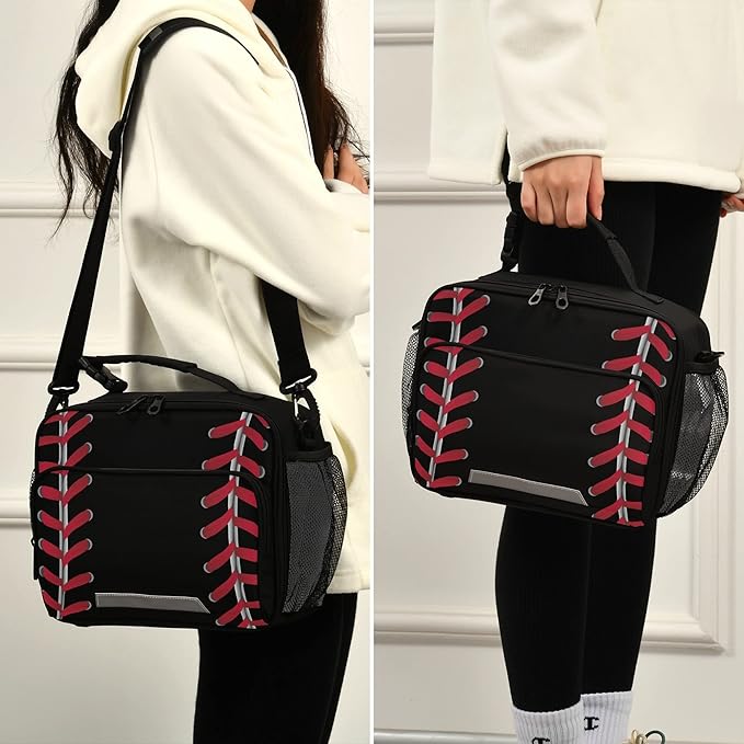 Baseball Lunch Bag Insulated Black Lunch Box Cooler Cooling Tote Food Container for Adults Men Women