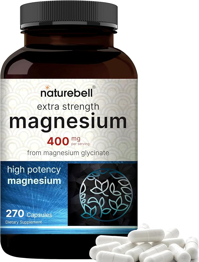 NatureBell Magnesium Glycinate 400mg (Elemental), 270 Capsules – 100% Chelated for Max Absorption | Non-GMO & No Gluten, Bioavailable Mineral Supplement for Muscle, Joint, Enzyme, & Heart Health