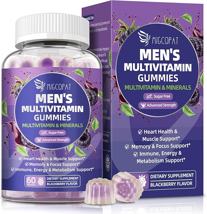 Multivitamin for Men, Mens Multivitamins Gummies w/Omega-3, Probiotics, Inositol, Folate, Biotin, Zinc, Vitamins A, C, D, E, B, - Support Heart, Brain, Muscle, Energy, Sugar-Free, Blackberry Flavor