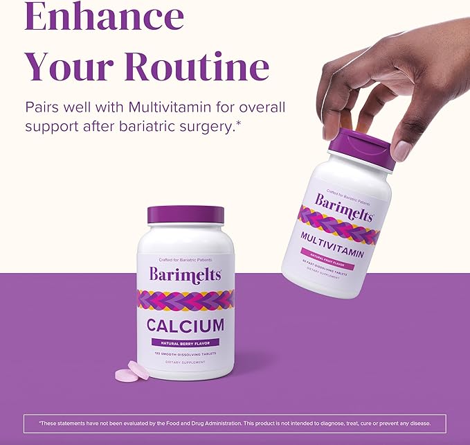 Barimelts Calcium Citrate with Vitamin D3 & Magnesium, 120 Smooth-Dissolving Tablets (1-Month Supply), Bariatric Calcium Supplements for Women, Natural Berry Flavor