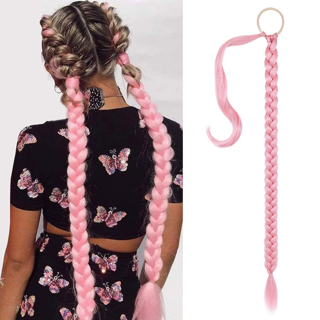 SEIKEA Long Braided Ponytail Extension with Hair Tie Straight Wrap Around Hair Extensions Ponytail Natural Soft Synthetic Hair Piece for Women Daily Wear 34 Inch 180 Gram Pink