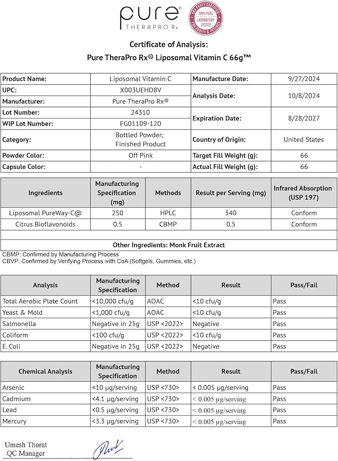 Pure TheraPro Rx Liposomal Vitamin C Powder, Patented PureWay Vegan Vitamin C Supplement, Supports Healthy Aging, Immune Function & Collagen Formation, Non-GMO, Made in The USA (66g,120 Servings)