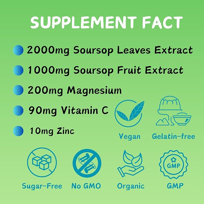 Soursop Graviola Extract 2000 MG | Soursop Leaves Extract | Soursop Gummies Healthy & Soursop Fruit for Adults | Non-GMO | Vegan, 60 Gummies