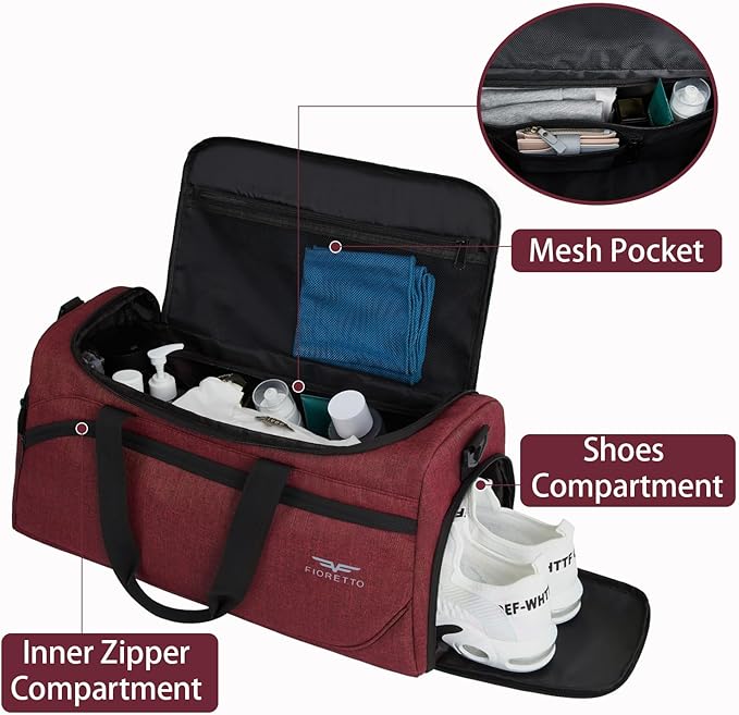 FIORETTO 35L Mens Sports Gym Bag with Toiletry Bag & Shoe Compartment, Travel Duffle Bag Overnight Bag with Padded Shoulder Strap, Sports Holdall for Swimming, Basketball Red