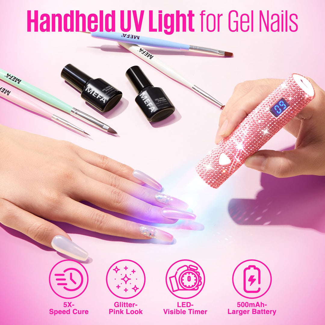 MEFA UV Light for Gel Nails, Pink Glitter Handheld Nail Lamp Visible LED Timer Touch Screen, Cordless Nail Light for Gel Nail Polish Stickers Strips, Gifts for Women