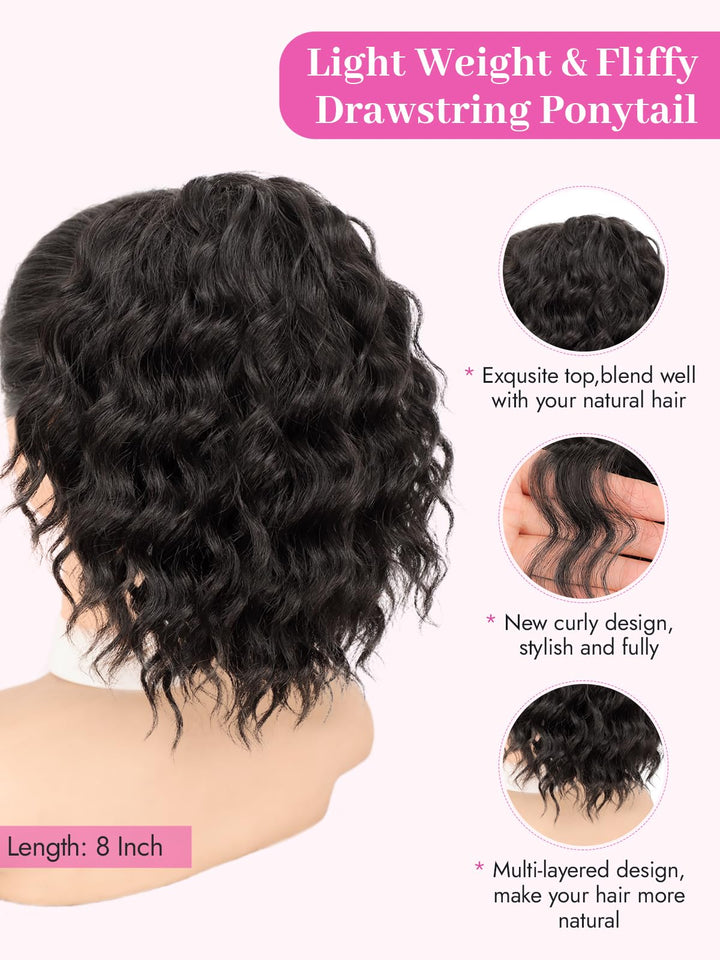 Isaic Ponytail Extension 8 Inch Short Wavy Curly Ponytails Drawstring Ponytail for Black Women Natural Black Pony Tails Hair Extensions Synthetic Hairpiece For Daily Use