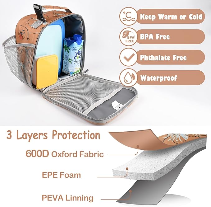 Lunch Box Kids,Premium Insulated Lunch Bag for Girls Boys,Soft Bag Mini Cooler Back to School Thermal Reusable Lunch Bag for Work School Picnic （Brown Dino