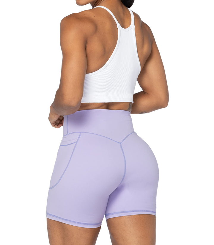 Sunzel No Front Seam Biker Shorts for Women with Pockets, Yoga Workout Gym Bike Shorts with Tummy Control 5" Lilac X-Small
