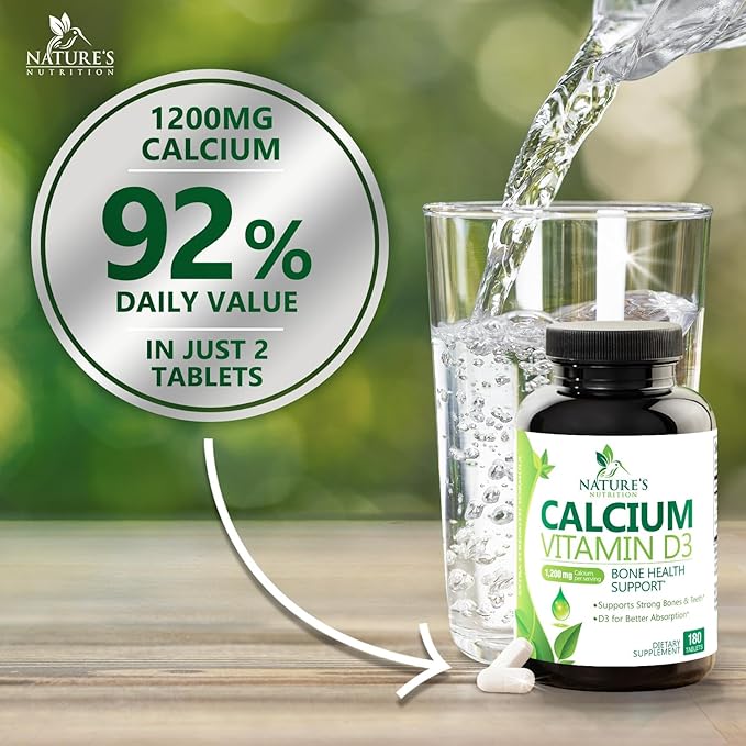 Calcium Supplement with Vitamin D - 1200 mg Calcium Carbonate with 1600 IU of D3 Vitamins - Supports Bone Strength, Teeth & Immune System - Natural & Easily Absorbable for Women & Men - 180 Tablets