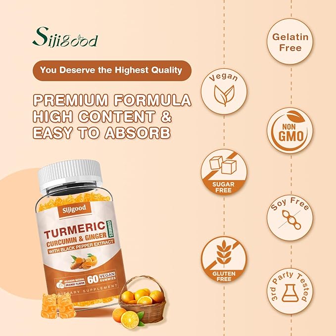 Turmeric Curcumin Gummies with Ginger and Black Pepper Herbal Supplement, Immune Support, Healthy Skin, and Joint Health, for Women, Men and Kids - 60 Orange Flavored Gummies