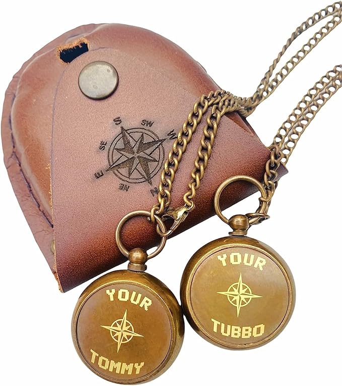 Backone Your Tommy Your Tubbo Lock It Compass Nautical Antique Engraved Brass Compass, with Leather Carry Case, with Chain Pirates Compass, Hiking Outdoor |Compass