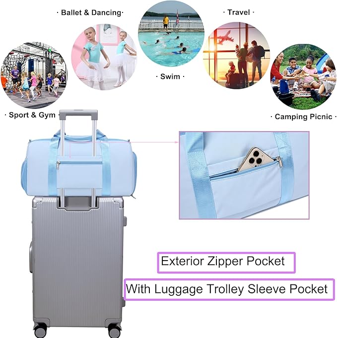 Duffel Bag for Girls Dance Ballet Sports Gym Bag Water Resistant Yoga Travel Bags with Shoes Compartment（Blue）