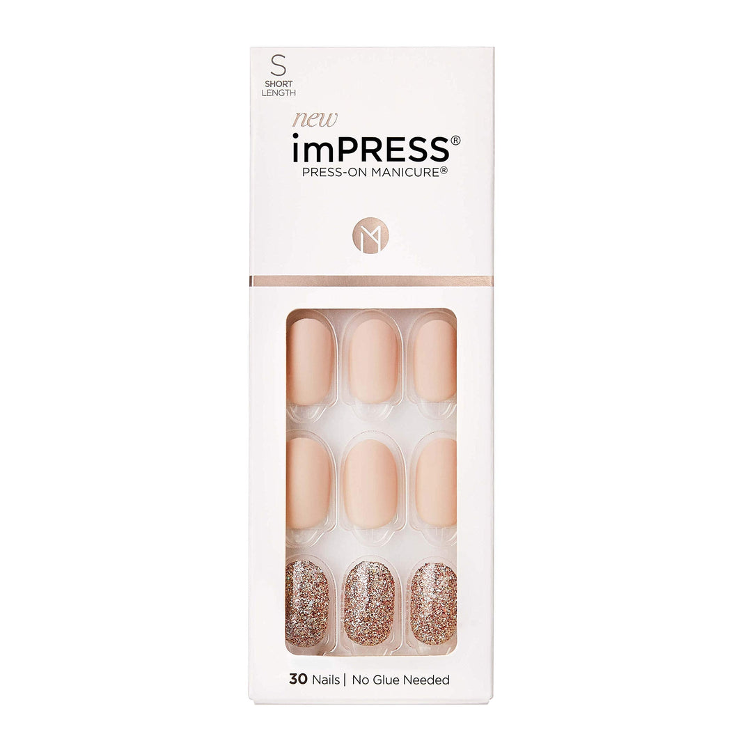 Kiss Impress No Glue Mani Press On Nails, Design, 'Evanesce', Beige, Short Size, Oval Shape, Includes 30 Nails, Prep Pad, Instru
