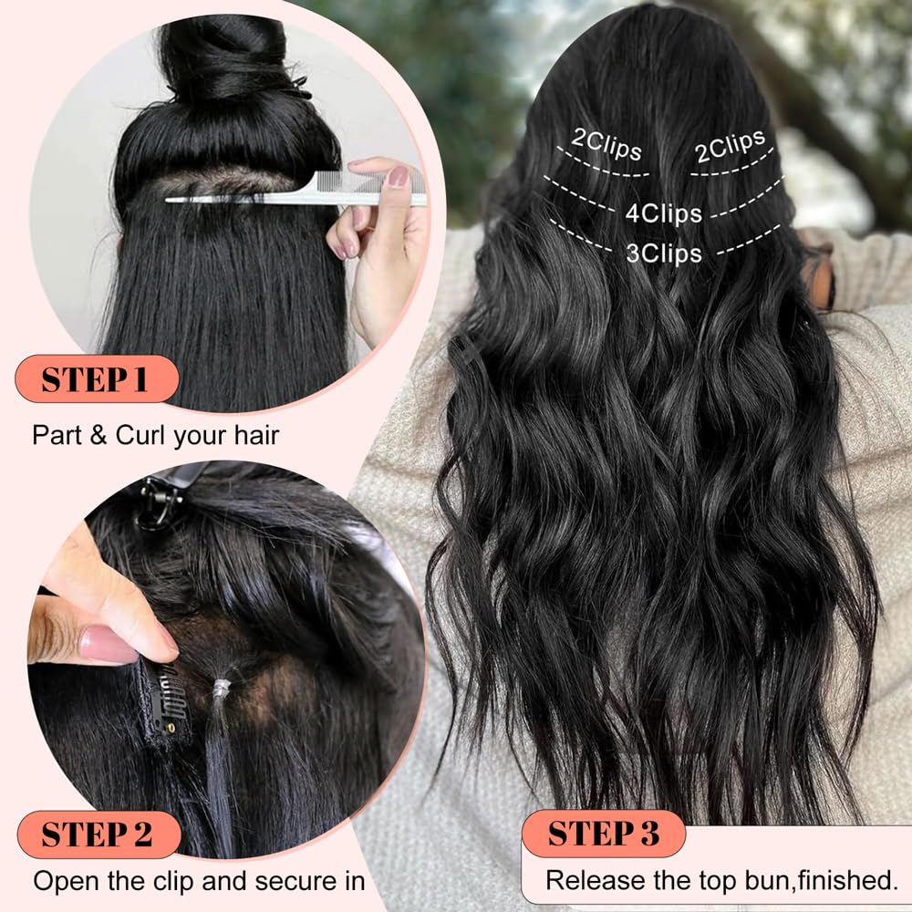 ALXNAN Clip in Long Wavy Hair Extension 20 Inch Chocolate Brown to Honey Blonde Hair Extensions 4PCS Thick Hairpieces Fiber Double Weft Hair for Women