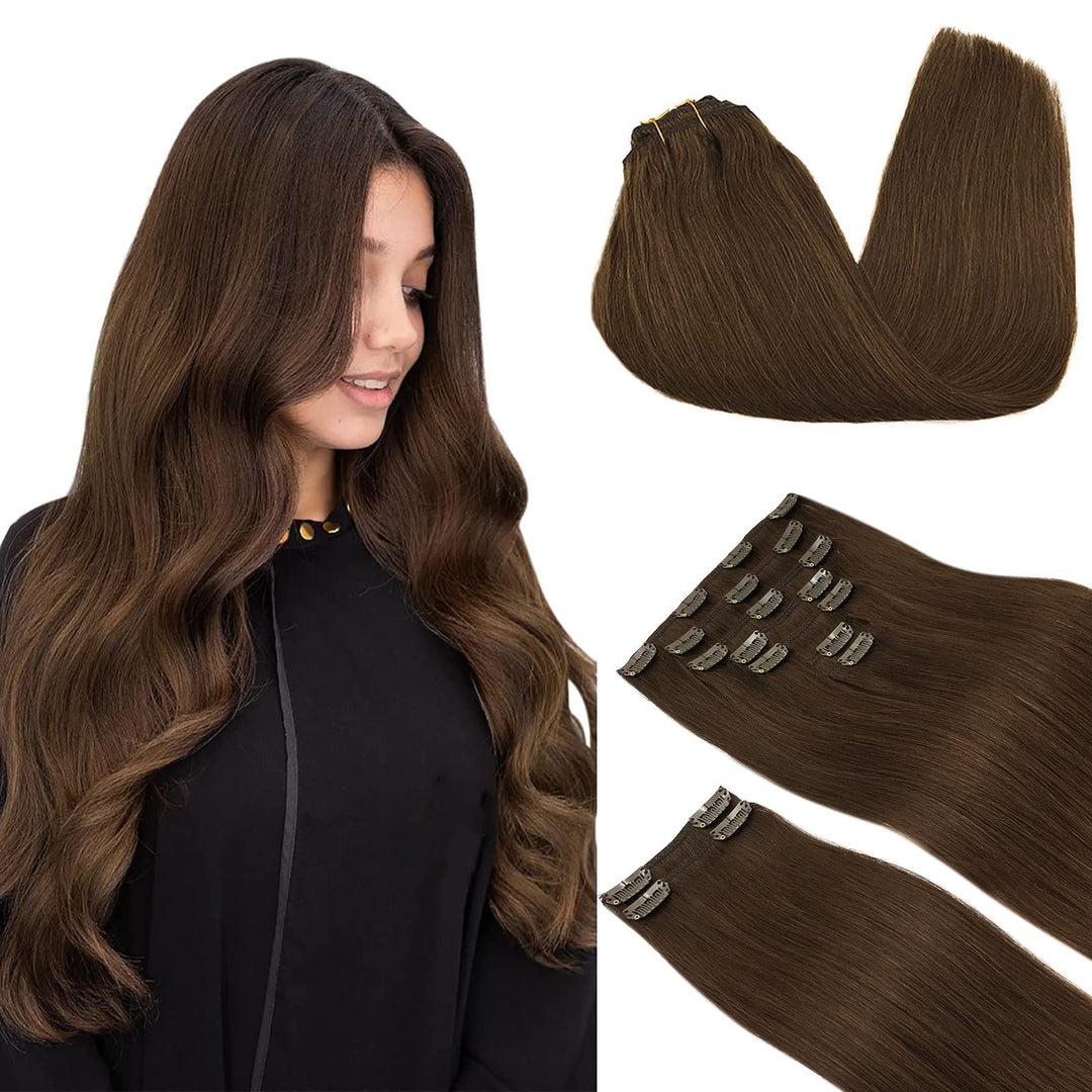 Doores Clip In Hair Extensions Real Human Hair, Chocolate Brown 18 Inch 150G 9Pcs, Human Hair Clip In Extensions Human Hair Natu
