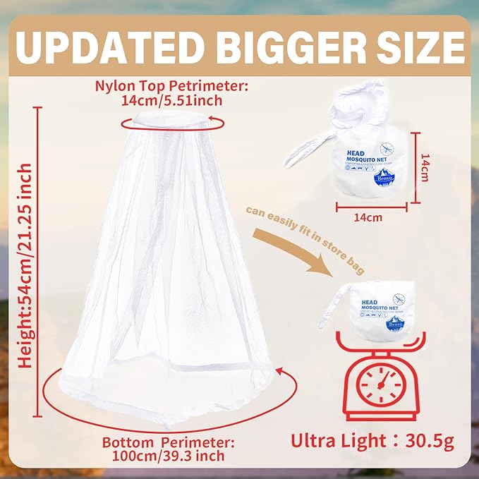 Benvo Mosquito Head Net Mesh One Piece Face Neck Fly Netting Cover from Bugs Gnats Noseeums Hat-Compatible Insect Shield for Fishing, Camping, Gardening (2pcs, White, Upgraded Big Net)