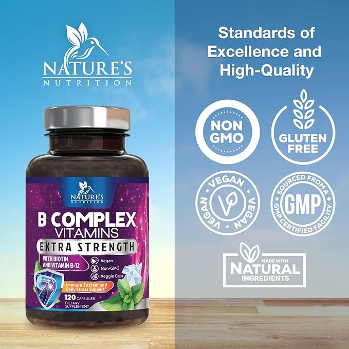 Vitamin B Complex Capsules with Vitamins B6 B12 B100 C Biotin Folate & Folic Acid - Supplement for Heart, Brain, & Nerve Support - Super Complete B-Complex for Immune & Energy Support - 120 Capsules