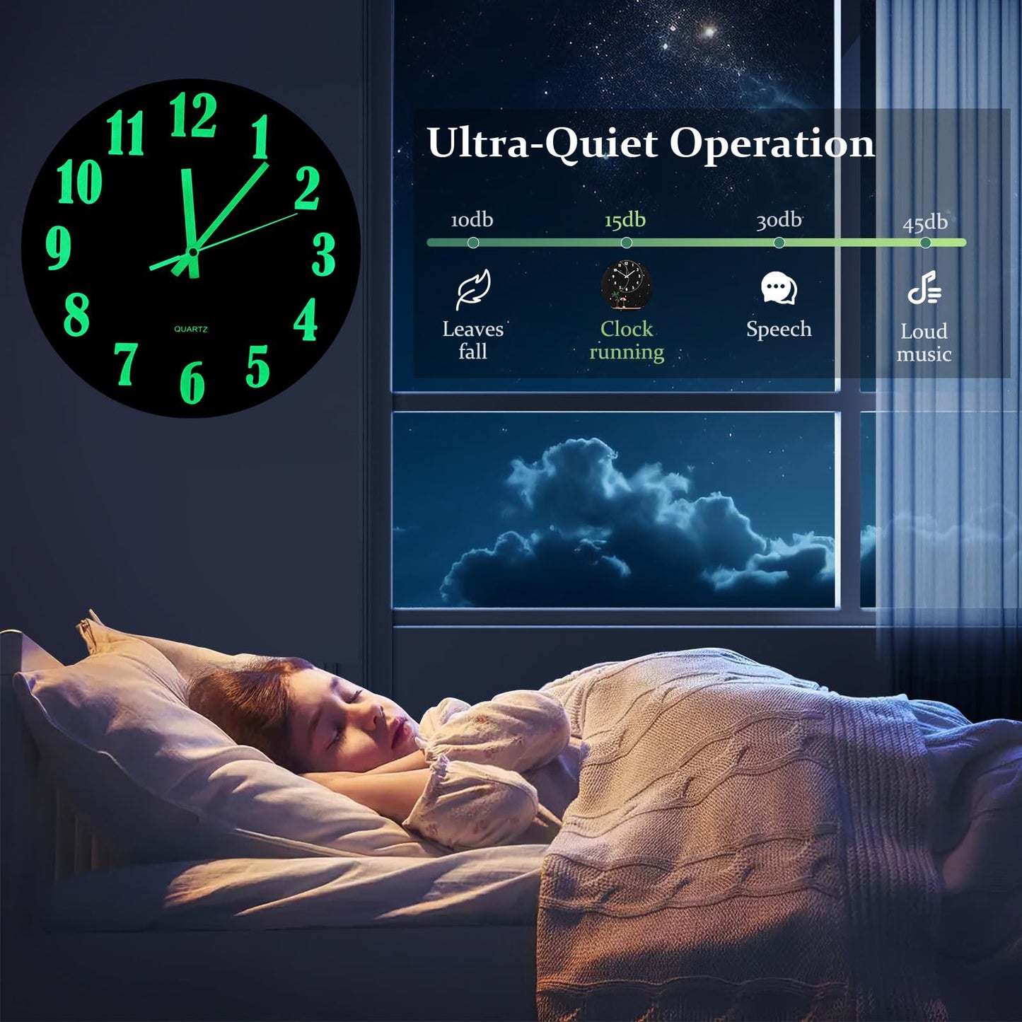 BTBHIHO 12''Luminous Wall Clock, Wooden Silent Wall Clocks Non Ticking, Battery Operated Glow in The Dark Clock, Home Wall Watch for Living Room Kitchen Decoration Bedroom Study Office