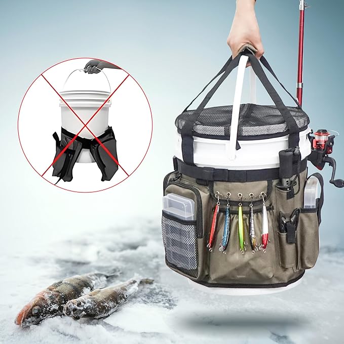 Fishing Bucket Organizer with Bucket Cover, Ice Fishing Tackle Bag with Rod & Plier Holder, Multi-Pockets for 5 Gallon Bucket Fishing Gear & Accessories